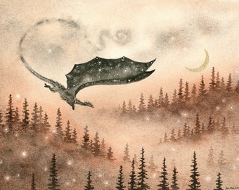 Fantasy Art Watercolor Print - Dusk Magic - dragon. wild. forest. nature. whimsical. fantastical. mythology.