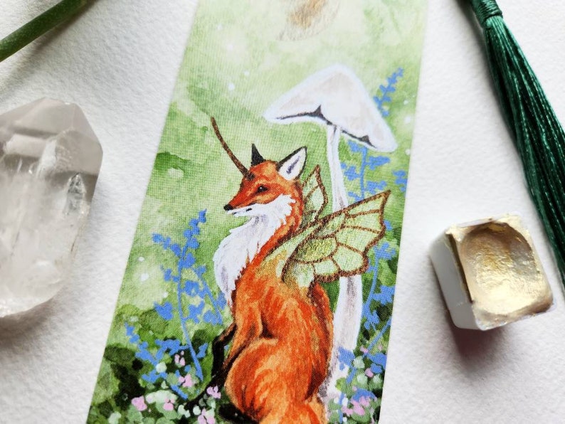 Fox Bookmark fantasy art. fairy fox. mushroom art. woodland art. image 3