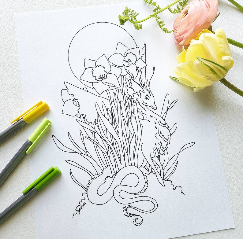 Dragon Art Downloadable Coloring Page fantasy art. flower art. whimsical. image 1