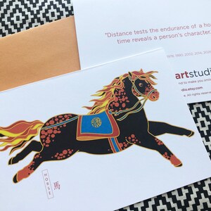 May include: A black and orange horse with a yellow mane and tail, running to the right. The horse is wearing a blue and gold saddle with a Chinese character on it. The image is on a white background with the words "HORSE" and "馬" written below the horse.