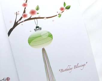 Birthday Blessings Card - Crystal Embellished 5 x 7" Card - lantern and plum blossoms