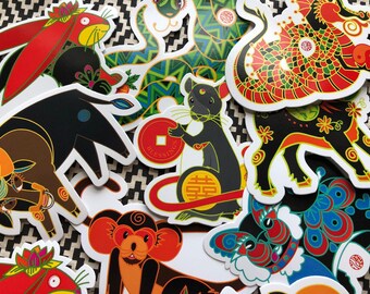Chinesisches Neujahrs-Tiere - Sticker Set - 12 Tiere des CNY