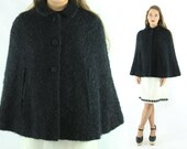 50s Black Faux Fur Cape Cloak Poncho Wrap Cocktail Party Coat Jacket Vintage 1950s Small S Medium M Pinup Rockabilly