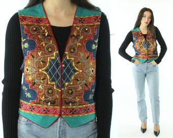 90s Embroidered Denim Vest Small S