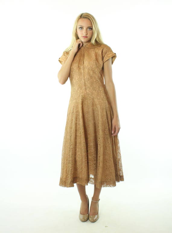 50's Brown Lace Party Dress Small S - image 3