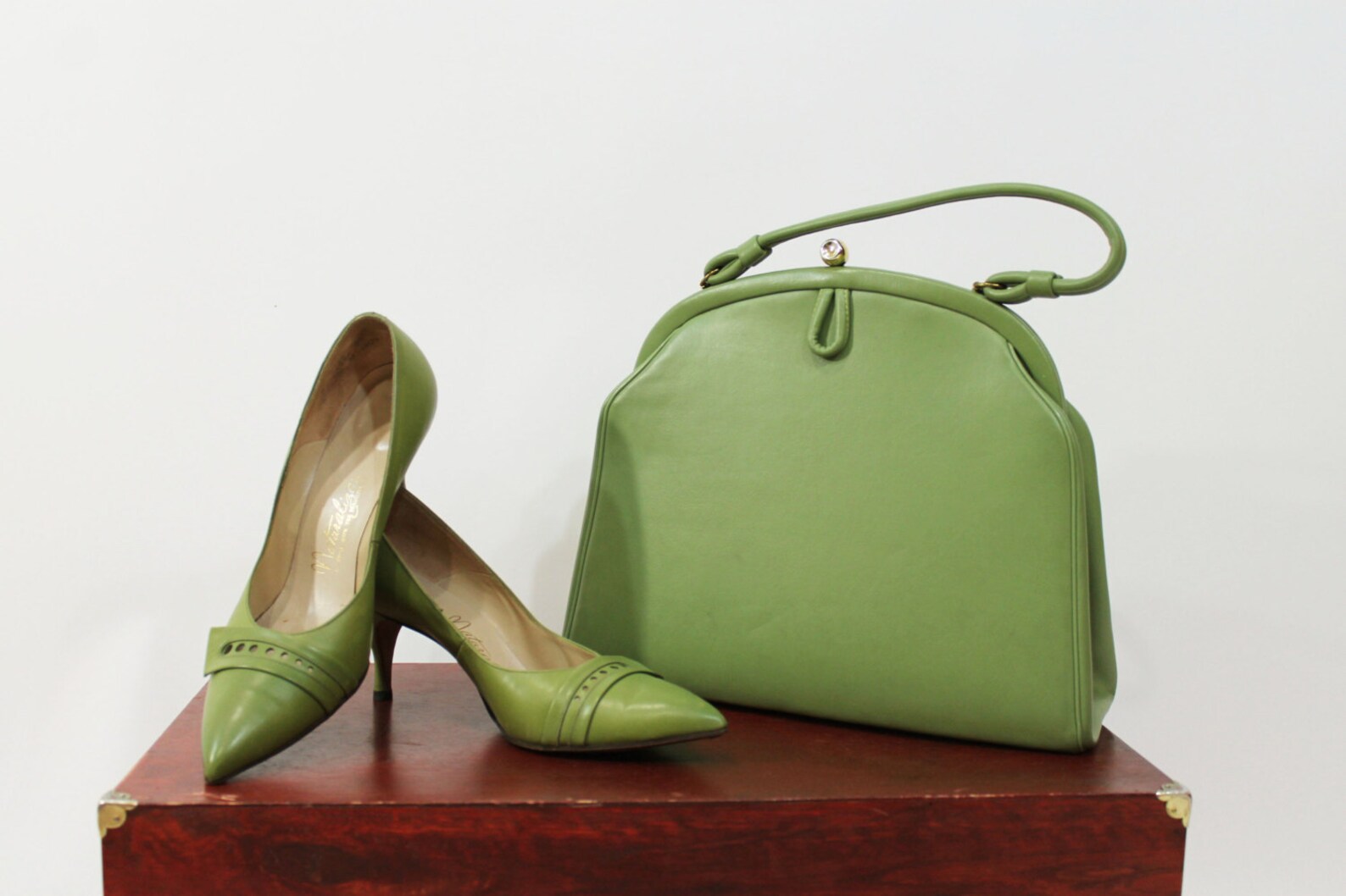 50s Pumps Heels Stilettos Olive Sage Green Leather Pointed Etsy