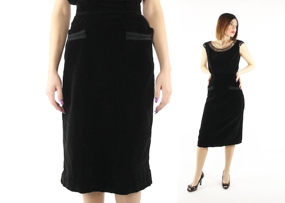 50's Black Velvet Pencil Skirt Small S - image 1