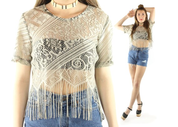 Trend4us Vintage Lace-Up Sheer Lace Long Sleeve Blouse