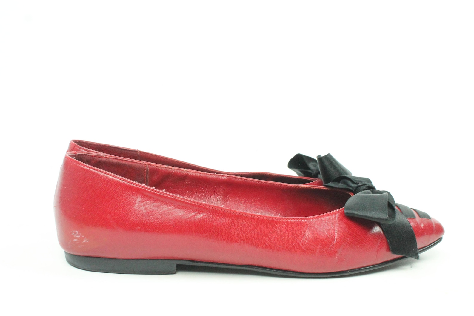 vintage 80s ballet flats red leather satin bows pointed toe slip ons 1980s size 8 shoes pumps lindsey black