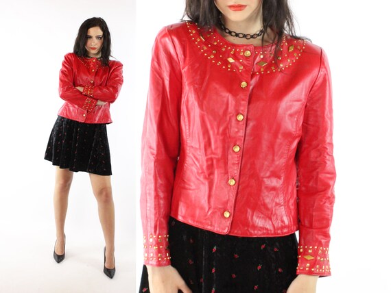 Vintage 90's Red Leather Jacket Gold Studs 1990's… - image 1