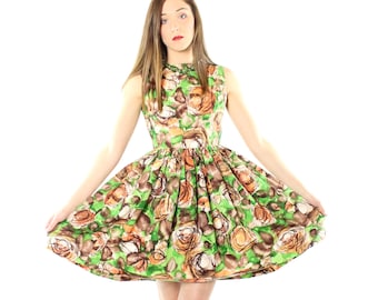 60's Full Printed Dress Small S