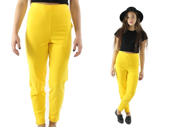 Vintage 90s High Rise Pants Yellow Knit Leggings T