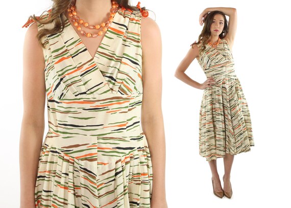 1950s Party Dress Full Skirt Tiger Striped Cotton