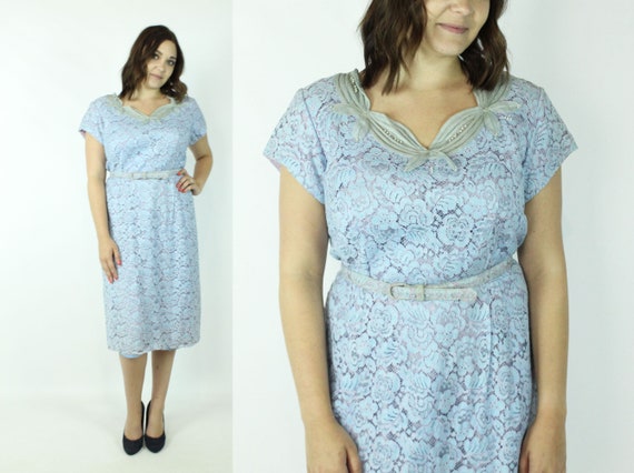 Vintage 50's Blue Lace Dress 1950's XL X-Large