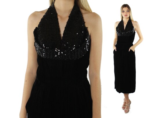 40's Black Velvet Gown Party Dress Vintage 1940's