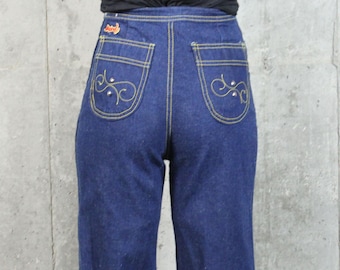 Vintage 70's Embroidered Jeans XS X-Small Dark Blue Cotton