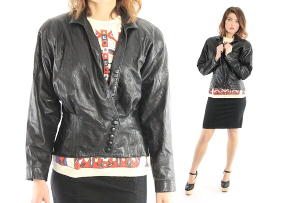 Vintage 80s Black Leather Jacket Medium M - image 1