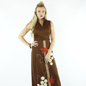 70er Jahre Hippie Maxi Kleid Grapevine Neuheit Ärmellos Braun Lang Vintage 1970er Jahre Medium M Boho Festival Fashion