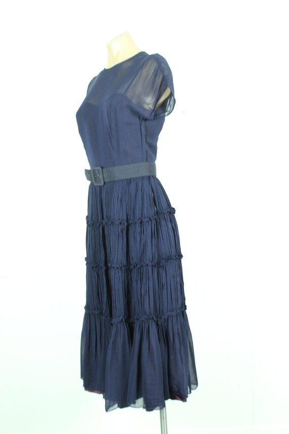 Vintage 40's Navy Blue Chiffon Dress Small S - image 4