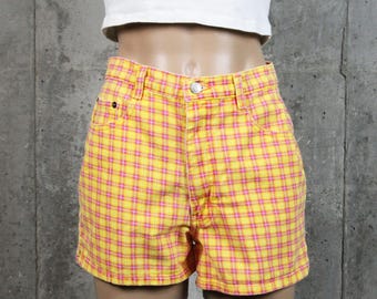 Pantaloncini di jeans a quadri gialli anni '90, taglia S
