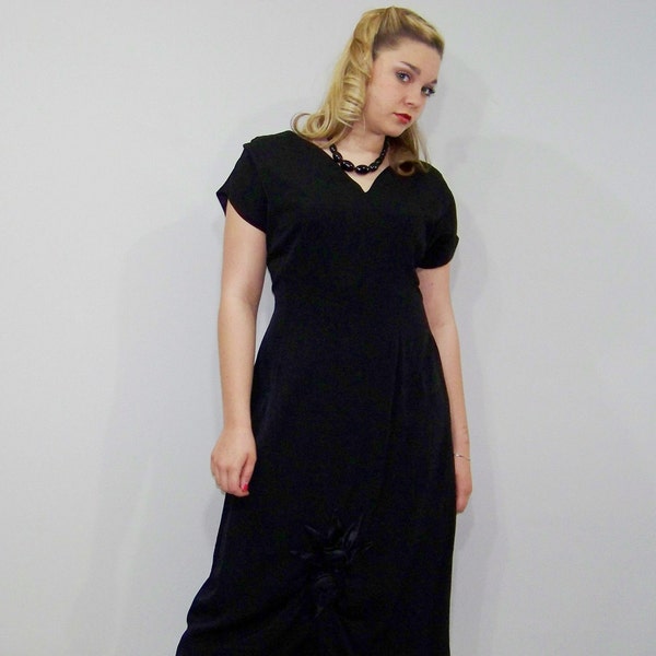 50s Dress Plus Size Party Black Satin Roses Deep V XXL 2X Vintage 1950s Rayon Crepe Short Sleeve