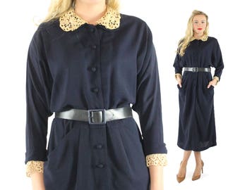 Vintage 1940s Navy Blue Dress Large L