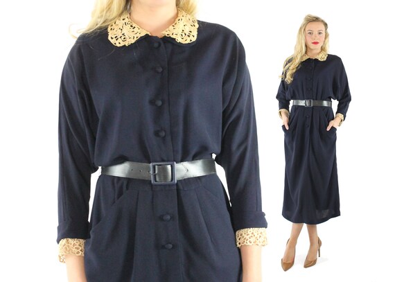 Vintage 1940s Navy Blue Dress Large L - image 1