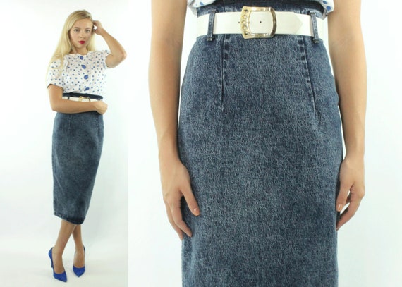 high rise denim pencil skirt