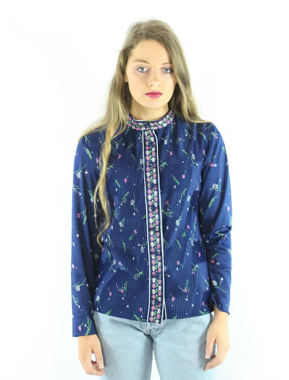 70s Blue Floral Blouse Medium M - image 3