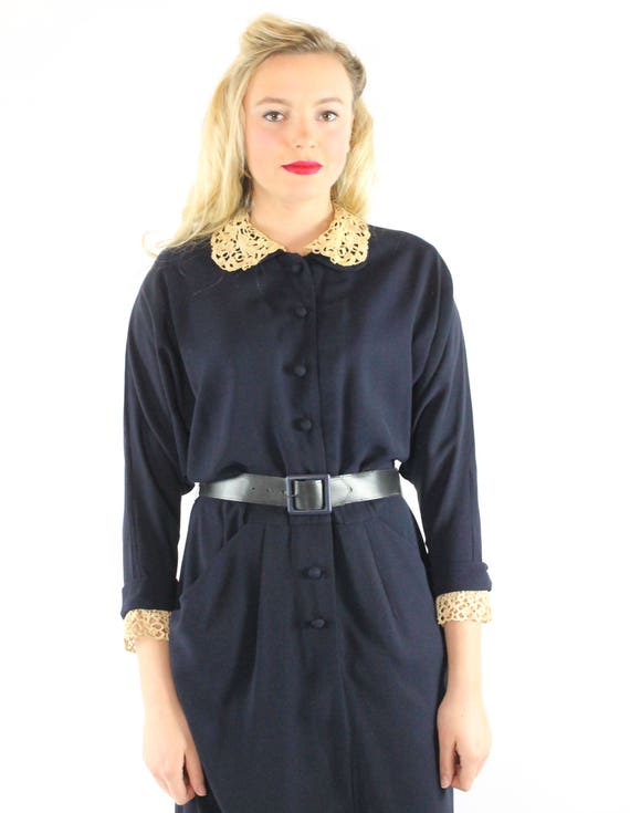 Vintage 1940s Navy Blue Dress Large L - image 3