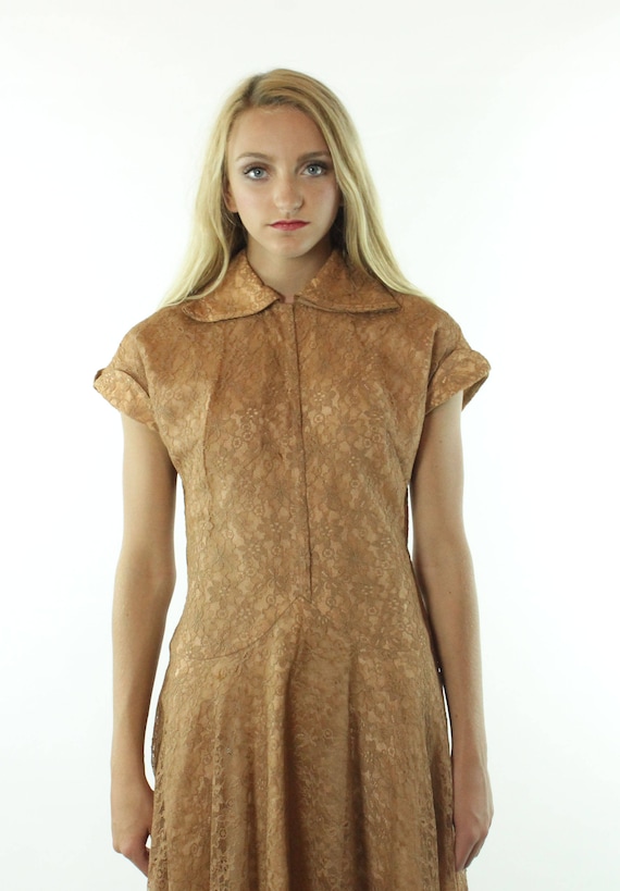 50's Brown Lace Party Dress Small S - image 4