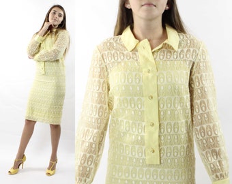 60's Yellow Embroidered Dress Small S