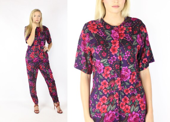 Vintage 80's Floral Pants Jumpsuit 1980's Medium M