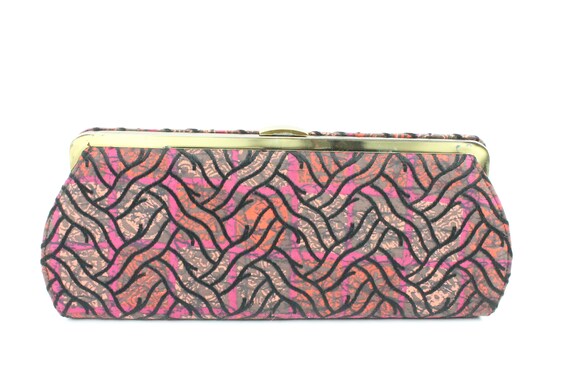60s Abstract Clutch Handbag Purse Embroidered Pink