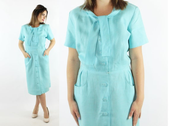 50's Aqua Linen Ascot Dress Medium M - image 1