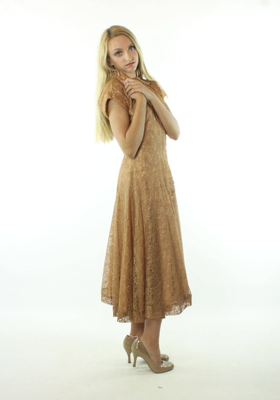 50's Brown Lace Party Dress Small S - image 6