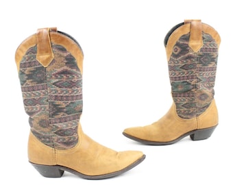 80's Tapestry Leather Boots Size 5.5