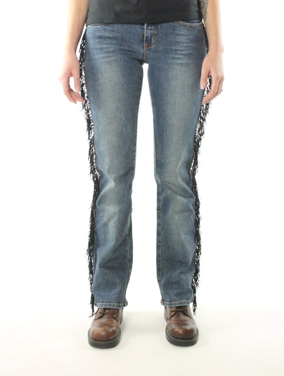 90's Black Fringe Jeans Medium M - image 4