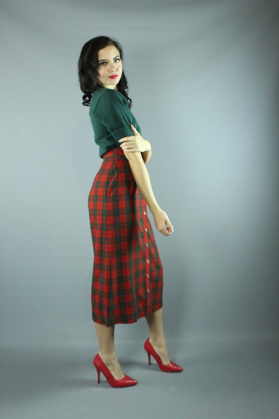 50's Red Green Plaid Pencil Skirt Small S - image 7