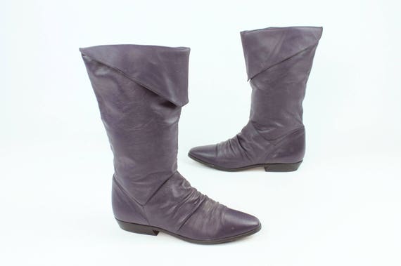 80s Purple Leather Riding Boots Knee High Flat Pointed Vintage - Flat Sole Leather Knee High Boots 80s Purple Leather Riding Boots Knee High Flat Pointed Vintage - Flat Sole Leather Knee High Boots