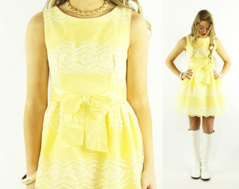 60s Yellow Lace Mini Dress Small S