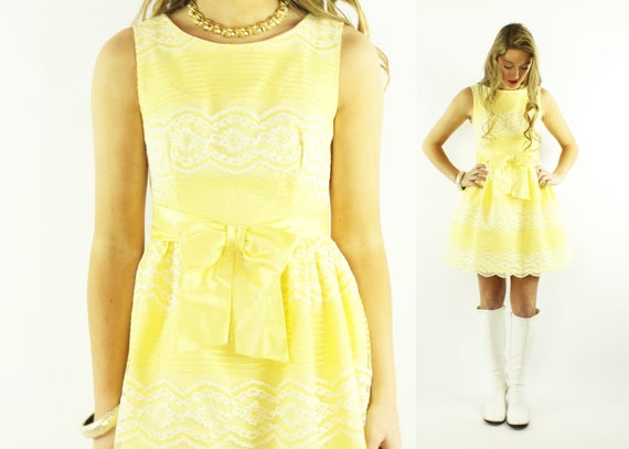 60s Yellow Lace Mini Dress Small S - image 1