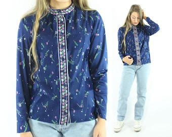 70s Blue Floral Blouse Medium M