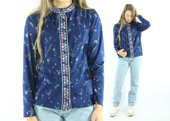 70s Blue Floral Blouse Medium M - image 1