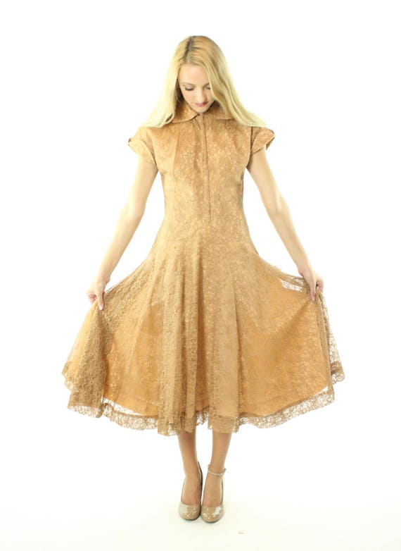 50's Brown Lace Party Dress Small S - image 2