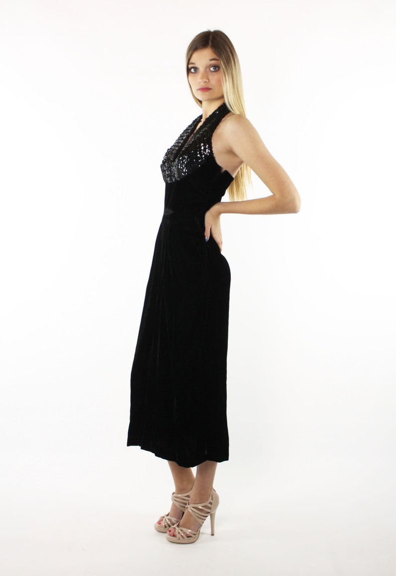 40's Black Velvet Party Dress Small S image 4