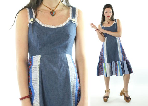70s Patchwork Sundress Blue Dress Sleeveless Patch