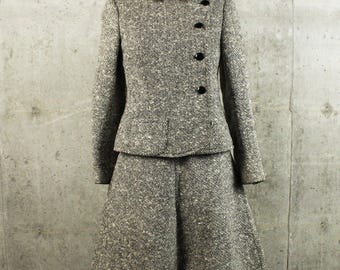 Vintage 60's Ramuz Paris Tweed Suit Small Black White Skirt Jacket