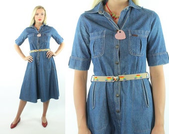80s Blue Denim Dress Short Sleeves Flared Jean Skirt Vintage 1980s Small S Medium M Argus