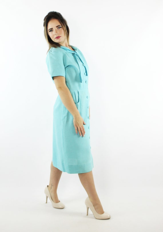 50's Aqua Linen Ascot Dress Medium M - image 2